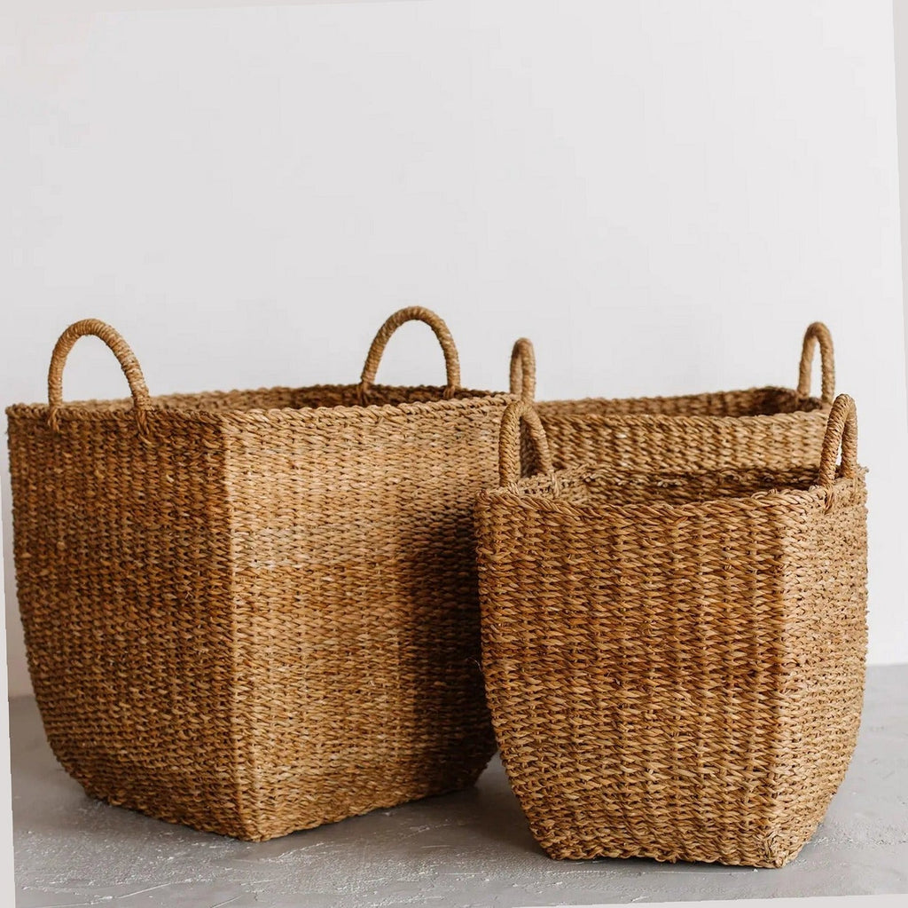 Handwoven Natural Hogla Grass Square Laundry Basket