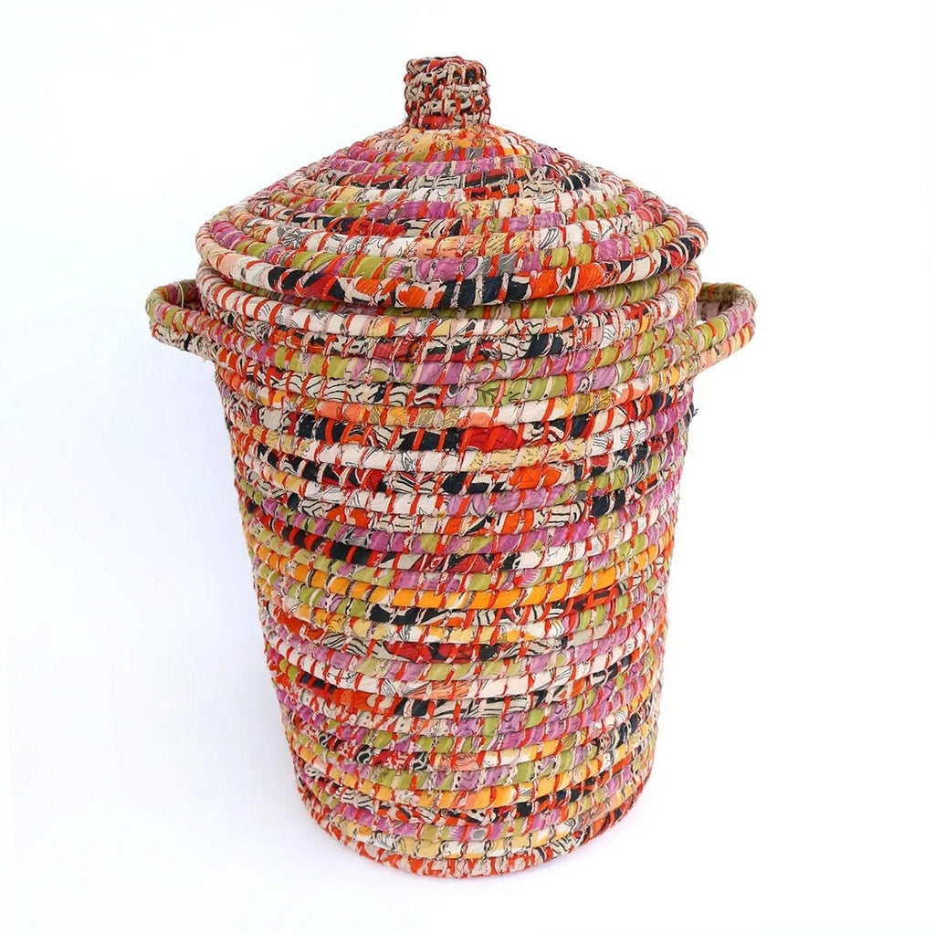 Handwoven Recycled Sari & Kaisa Grass Laundry Hamper