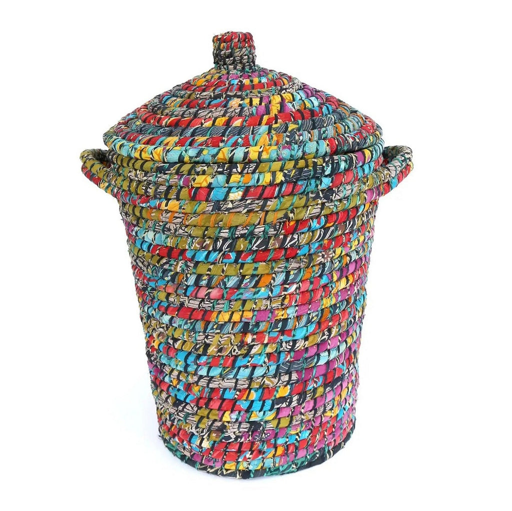 Handwoven Recycled Sari & Kaisa Grass Laundry Hamper